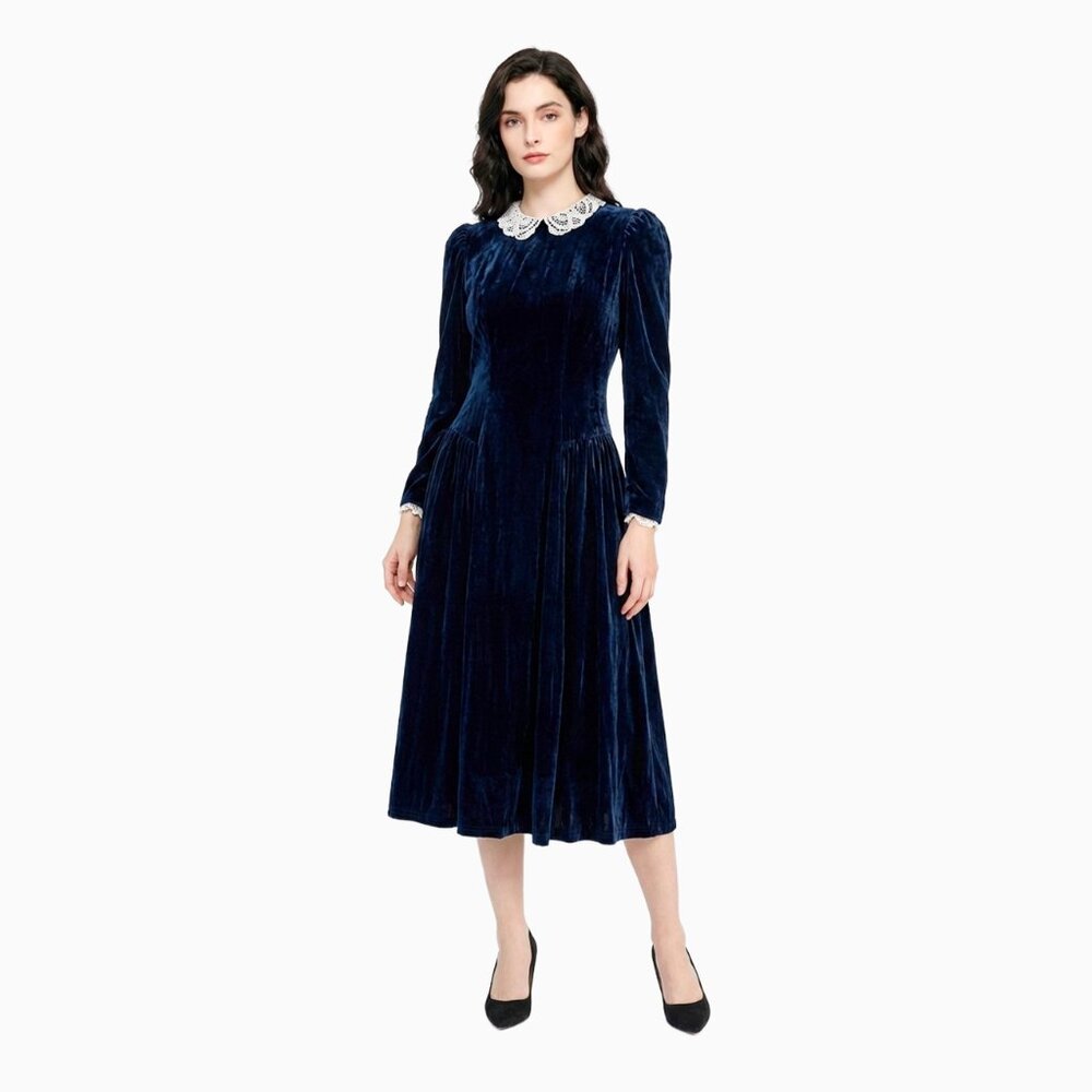 Vintage Navy Velvet Dress 6 Lace Collar Whimsigoth Goth Victorian Dark Romance - Picture 2 of 12
